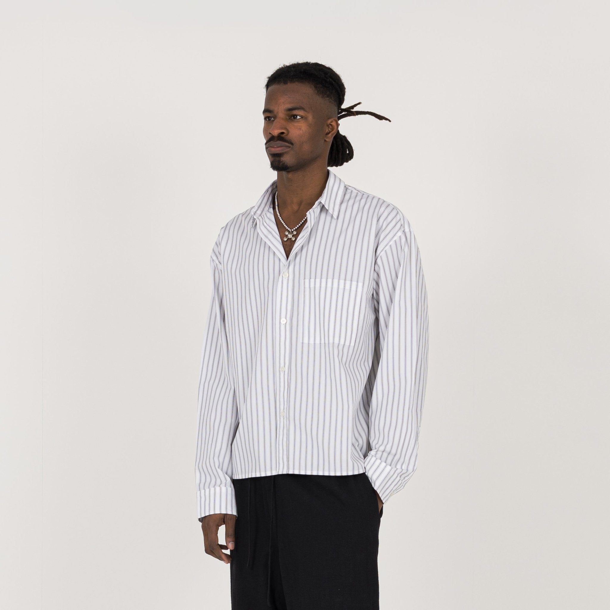 Model view of Destructive Cropped L/S White Pinstripe Shirt